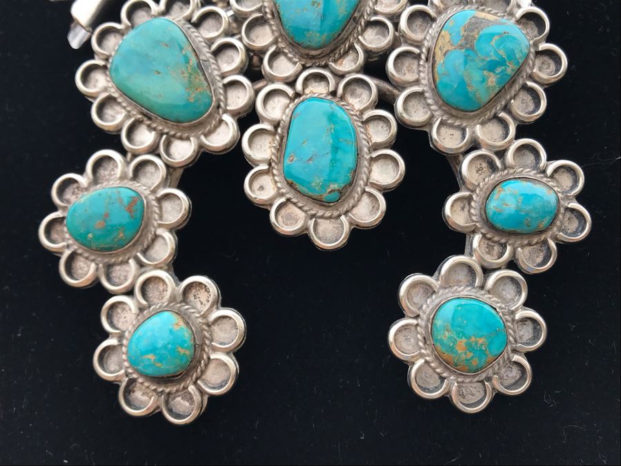 Stunning Sterling Silver Turquoise Native American Squash Blossom Necklace 260g [Photo 8]