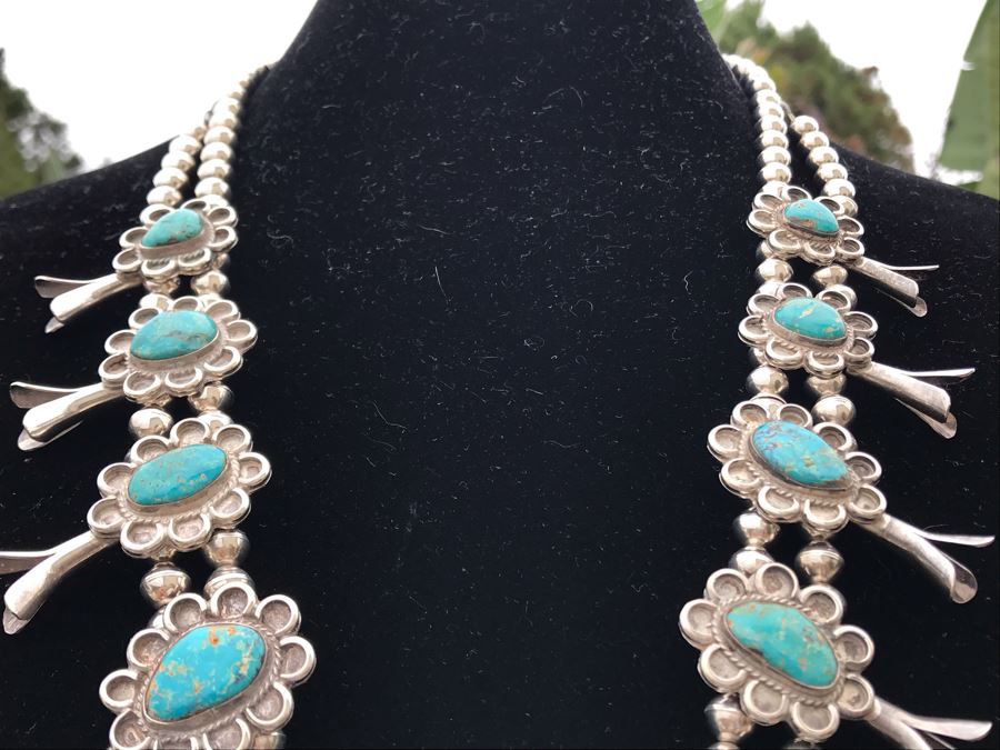 Stunning Sterling Silver Turquoise Native American Squash Blossom Necklace 260g [Photo 12]