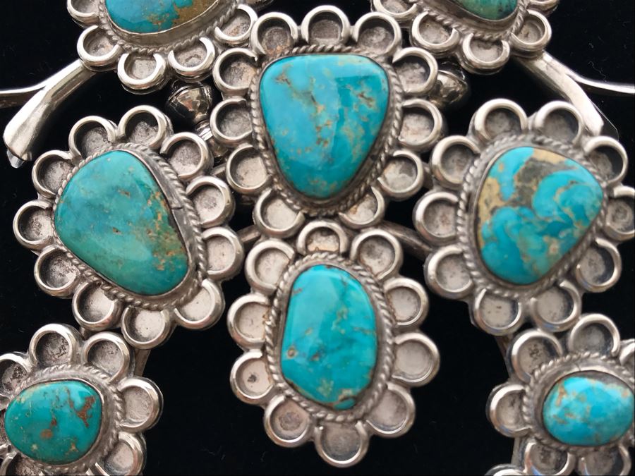 Stunning Sterling Silver Turquoise Native American Squash Blossom Necklace 260g [Photo 7]