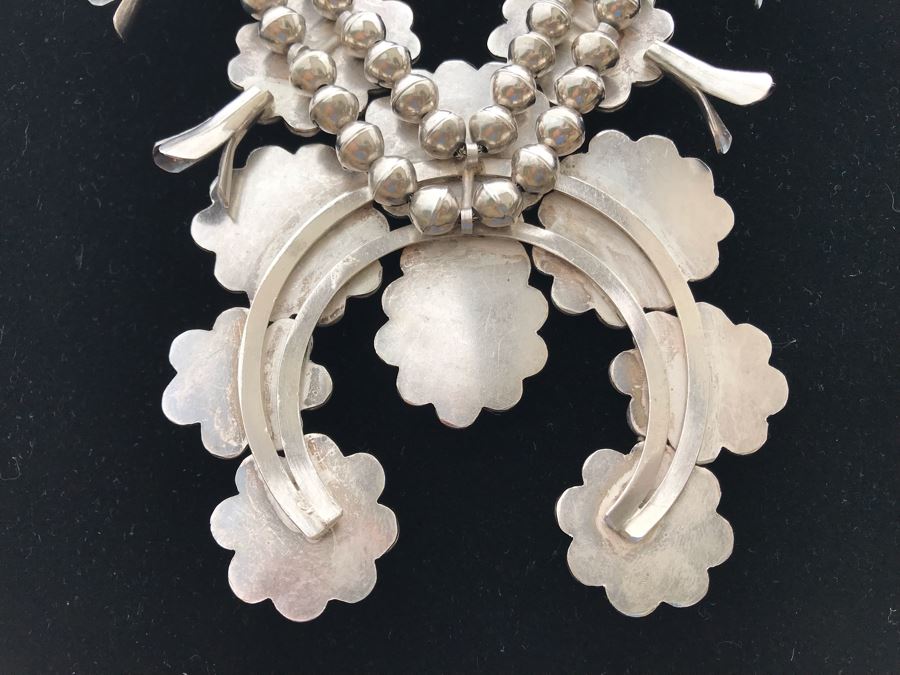 Stunning Sterling Silver Turquoise Native American Squash Blossom Necklace 260g [Photo 15]