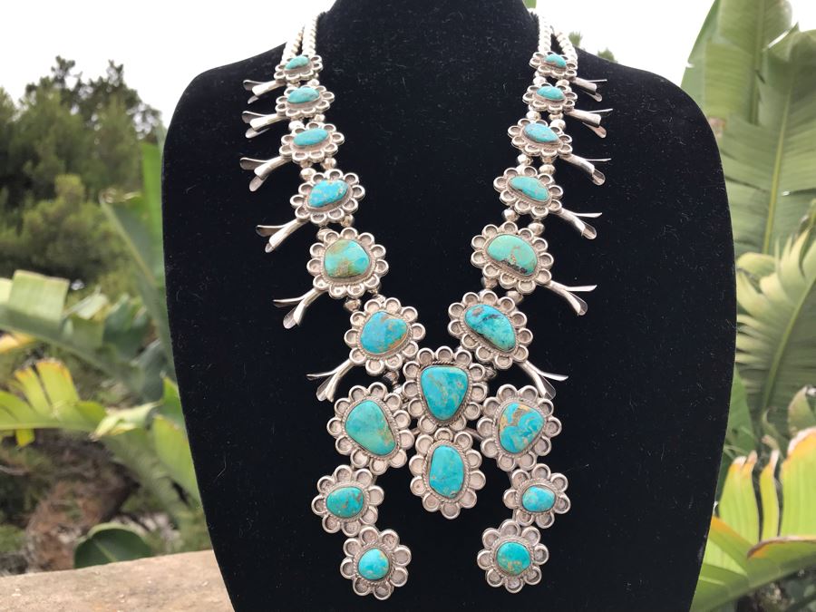 Stunning Sterling Silver Turquoise Native American Squash Blossom Necklace 260g