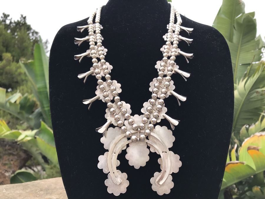 Stunning Sterling Silver Turquoise Native American Squash Blossom Necklace 260g [Photo 14]