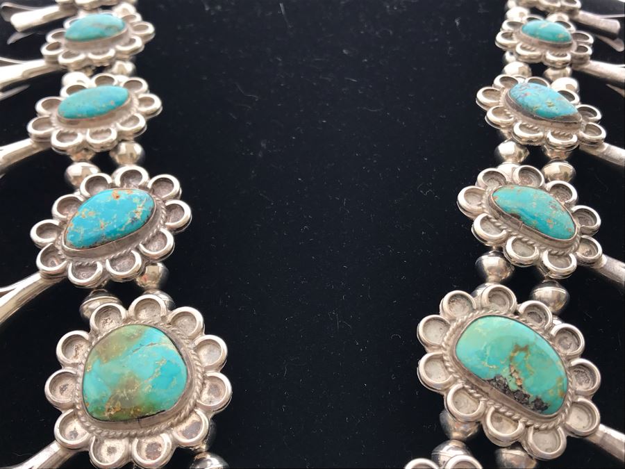 Stunning Sterling Silver Turquoise Native American Squash Blossom Necklace 260g [Photo 11]