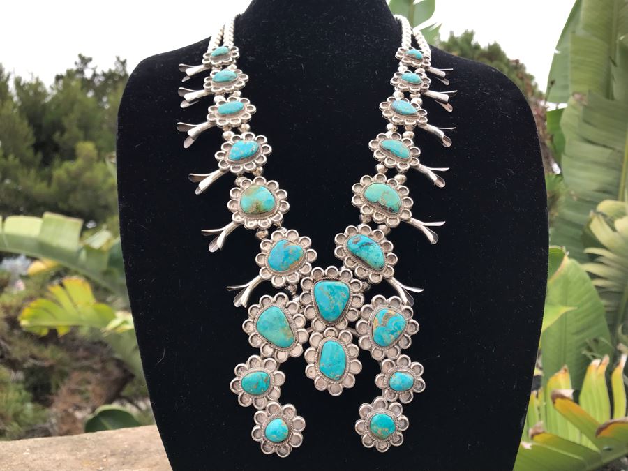 Stunning Sterling Silver Turquoise Native American Squash Blossom Necklace 260g [Photo 3]
