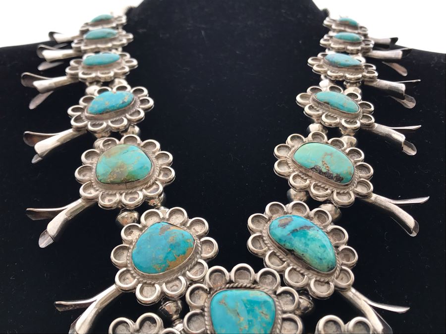 Stunning Sterling Silver Turquoise Native American Squash Blossom Necklace 260g [Photo 9]