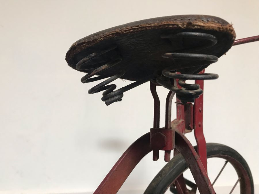 Antique Child's Tricycle Bent Metal Frame, Leather Seat With Springs, Wooden Handlebars 26W X 14D X 20H [Photo 7]