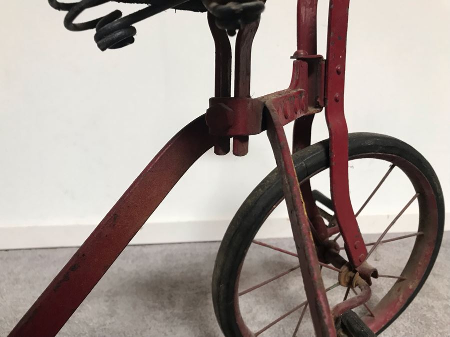 Antique Child's Tricycle Bent Metal Frame, Leather Seat With Springs, Wooden Handlebars 26W X 14D X 20H [Photo 8]