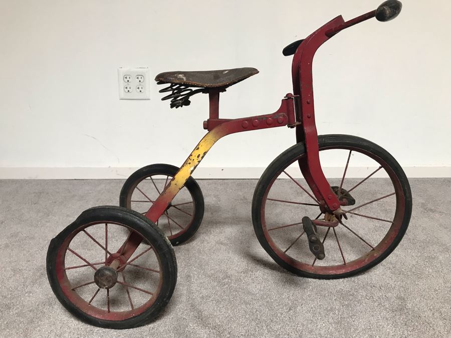 Antique Child's Tricycle Bent Metal Frame, Leather Seat With Springs, Wooden Handlebars 26W X 14D X 20H [Photo 17]