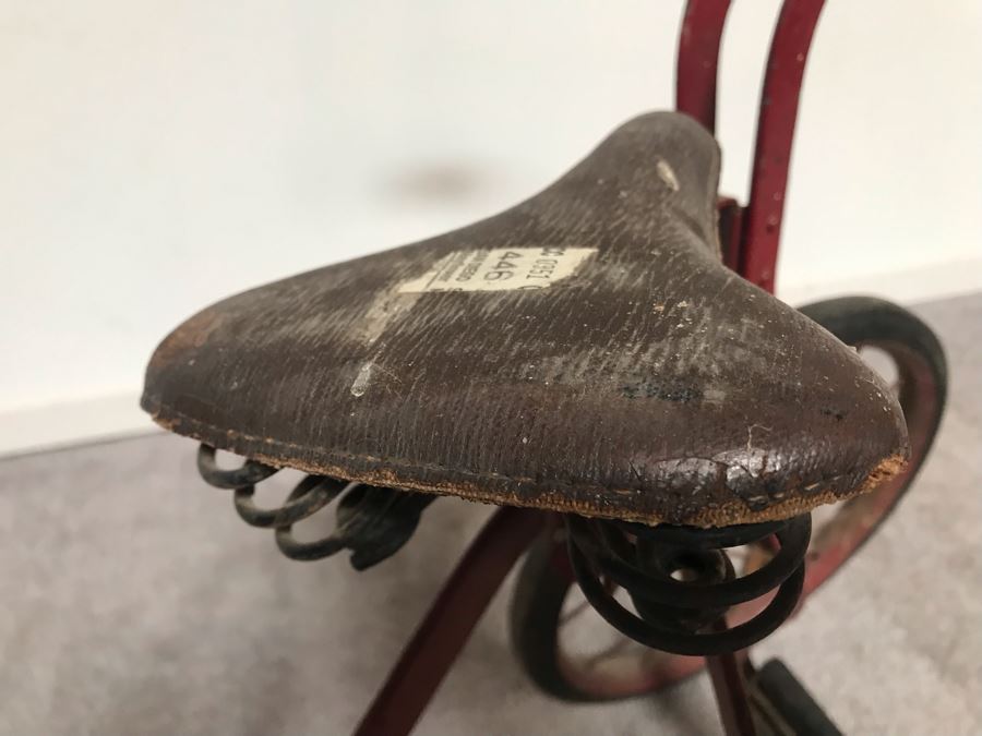 Antique Child's Tricycle Bent Metal Frame, Leather Seat With Springs, Wooden Handlebars 26W X 14D X 20H [Photo 6]