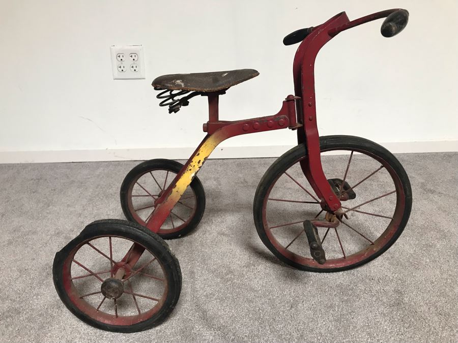 Antique Child's Tricycle Bent Metal Frame, Leather Seat With Springs, Wooden Handlebars 26W X 14D X 20H [Photo 16]
