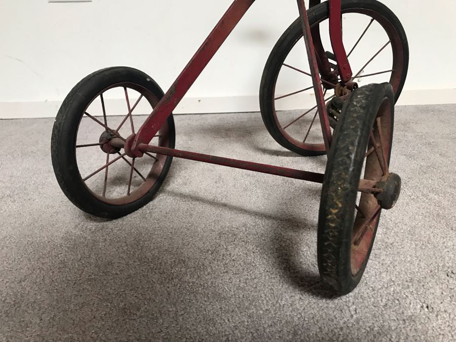 Antique Child's Tricycle Bent Metal Frame, Leather Seat With Springs, Wooden Handlebars 26W X 14D X 20H [Photo 9]