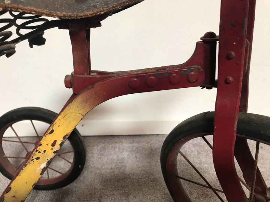 Antique Child's Tricycle Bent Metal Frame, Leather Seat With Springs, Wooden Handlebars 26W X 14D X 20H [Photo 4]