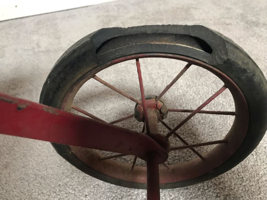 Antique Child's Tricycle Bent Metal Frame, Leather Seat With Springs, Wooden Handlebars 26W X 14D X 20H [Photo 10]