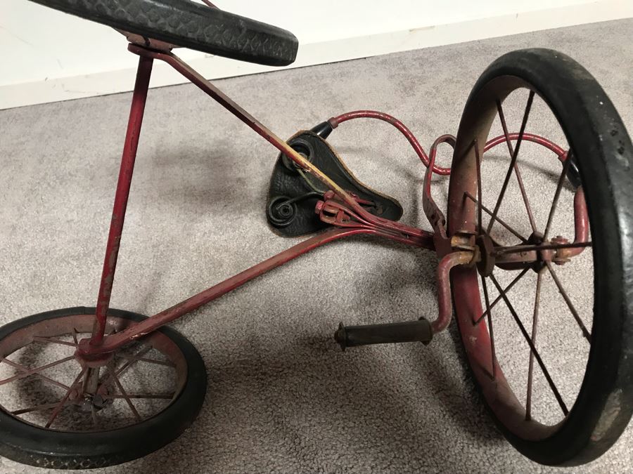 Antique Child's Tricycle Bent Metal Frame, Leather Seat With Springs, Wooden Handlebars 26W X 14D X 20H [Photo 15]