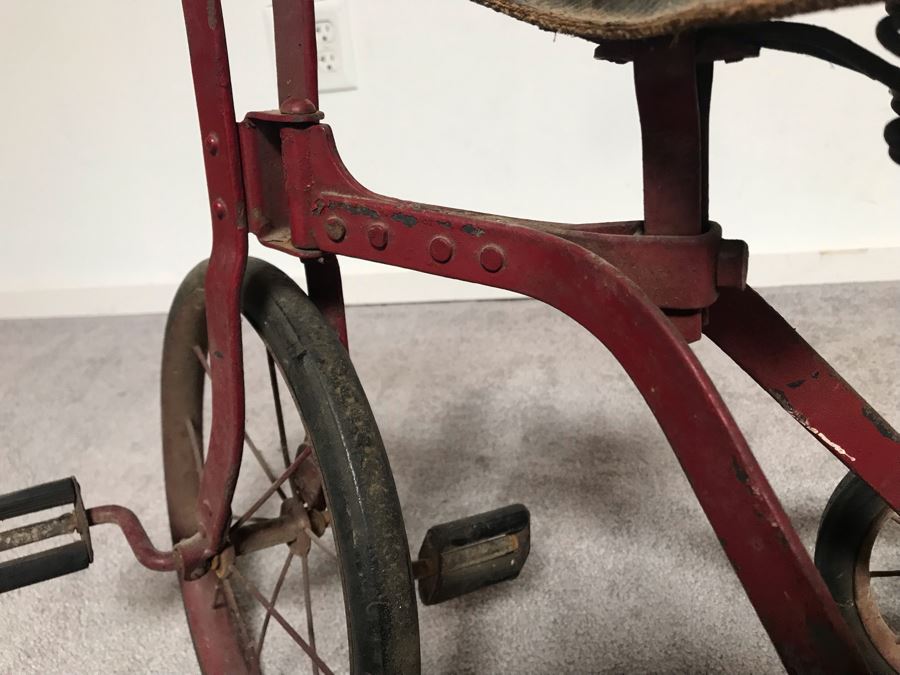 Antique Child's Tricycle Bent Metal Frame, Leather Seat With Springs, Wooden Handlebars 26W X 14D X 20H [Photo 14]