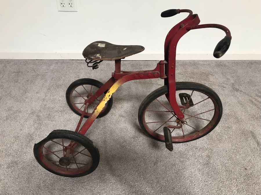 Antique Child's Tricycle Bent Metal Frame, Leather Seat With Springs, Wooden Handlebars 26W X 14D X 20H [Photo 18]