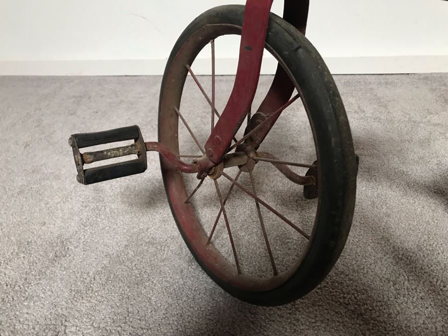 Antique Child's Tricycle Bent Metal Frame, Leather Seat With Springs, Wooden Handlebars 26W X 14D X 20H [Photo 12]