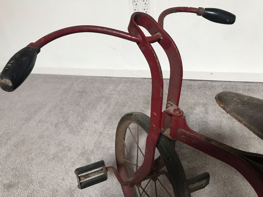 Antique Child's Tricycle Bent Metal Frame, Leather Seat With Springs, Wooden Handlebars 26W X 14D X 20H [Photo 13]