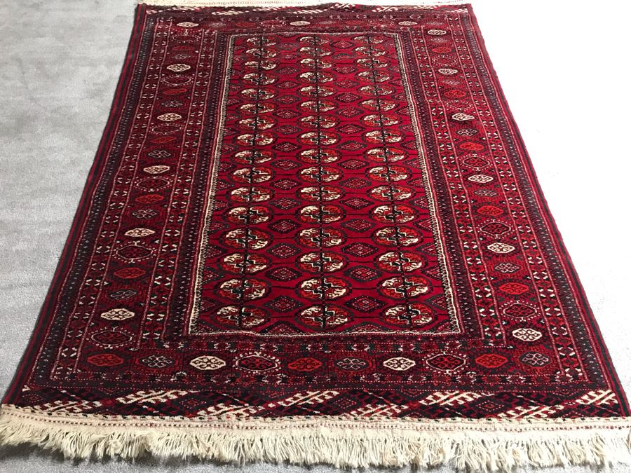 Vintage Hand Knotted Persian Area Rug Red / Black Tones 53.5 X 70 Apx. 300 knots / sq. in.