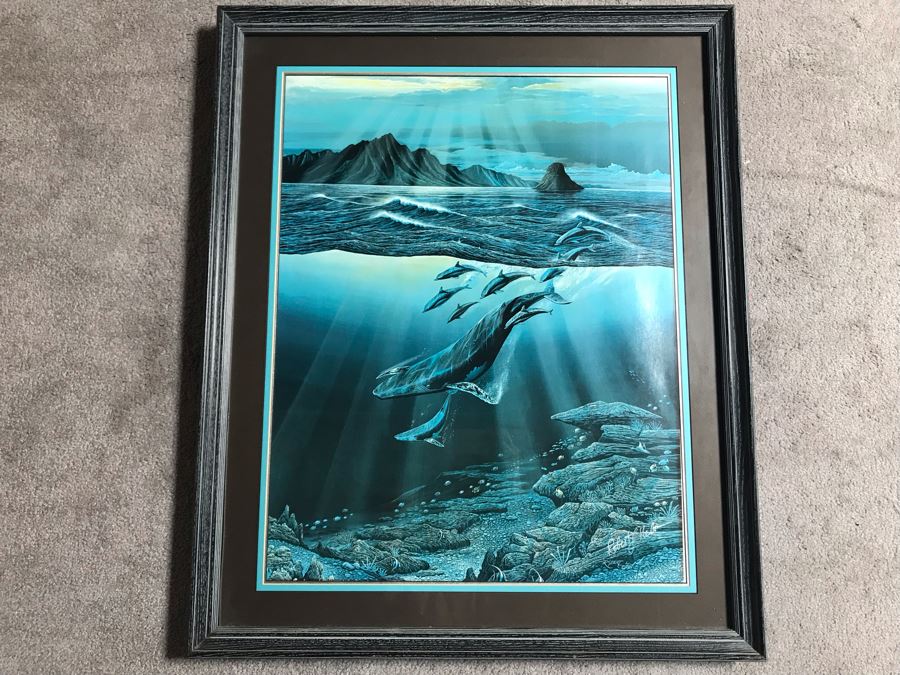 Framed Hand Signed Robert Lyn Nelson Print Of Whales And Dolphin 'Two Worlds' Style Land And Sea Maui Artist 22 X 28 [Photo 2]