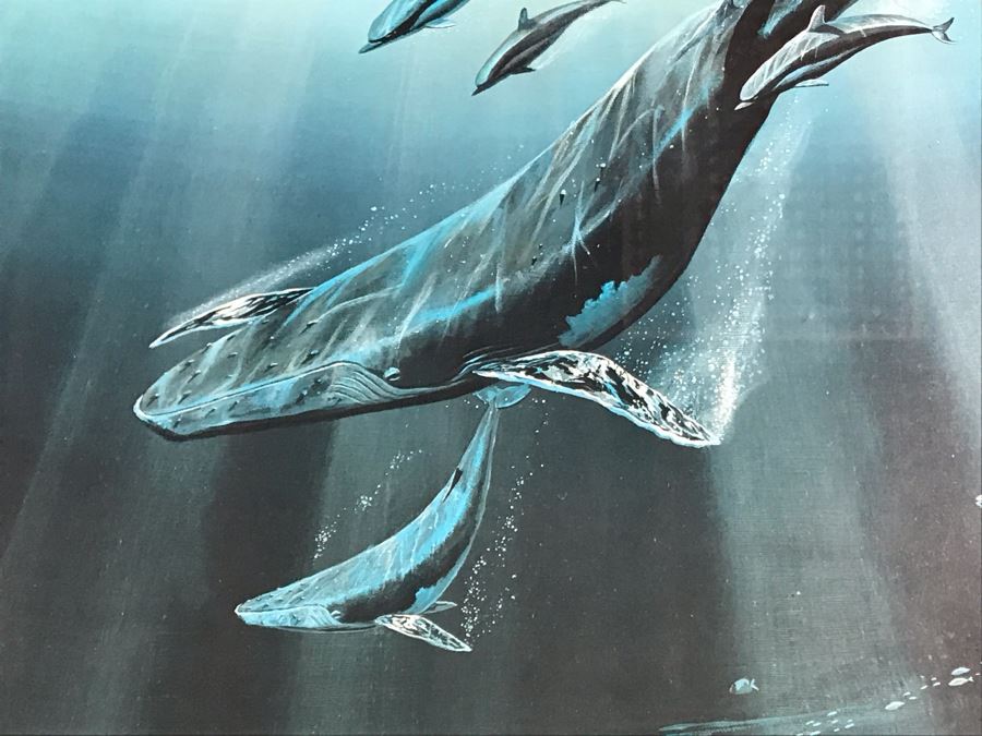 Framed Hand Signed Robert Lyn Nelson Print Of Whales And Dolphin 'Two Worlds' Style Land And Sea Maui Artist 22 X 28 [Photo 6]