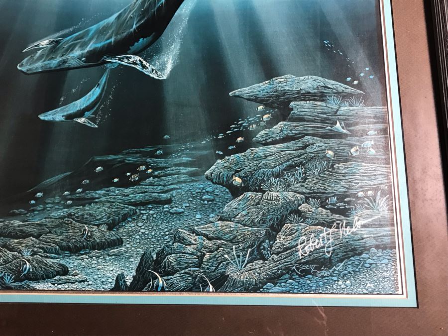 Framed Hand Signed Robert Lyn Nelson Print Of Whales And Dolphin 'Two Worlds' Style Land And Sea Maui Artist 22 X 28 [Photo 7]
