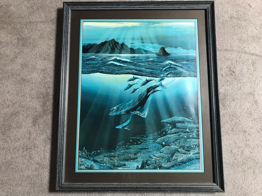 Framed Hand Signed Robert Lyn Nelson Print Of Whales And Dolphin 'Two Worlds' Style Land And Sea Maui Artist 22 X 28 [Photo 1]
