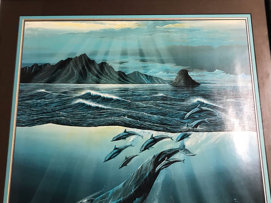 Framed Hand Signed Robert Lyn Nelson Print Of Whales And Dolphin 'Two Worlds' Style Land And Sea Maui Artist 22 X 28 [Photo 4]