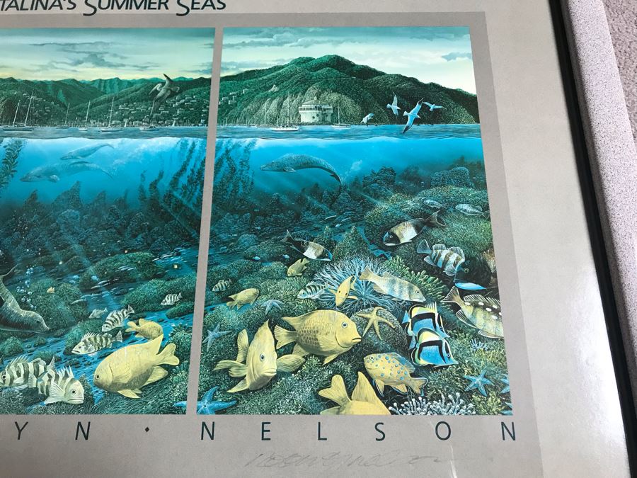 Framed Hand Signed Robert Lyn Nelson Print Titled 'Catalina's Summer Seas' 'Two Worlds' Style Land And Sea Maui Artist 36 X 24 [Photo 6]