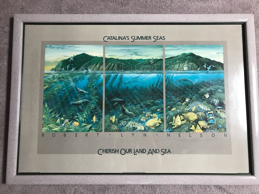Framed Hand Signed Robert Lyn Nelson Print Titled 'Catalina's Summer Seas' 'Two Worlds' Style Land And Sea Maui Artist 36 X 24 [Photo 1]
