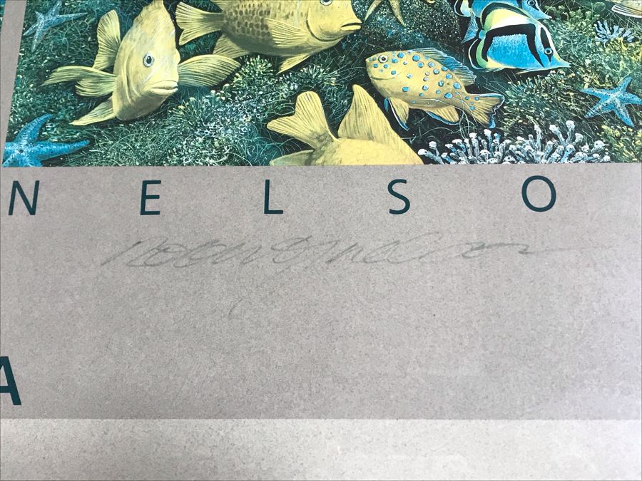 Framed Hand Signed Robert Lyn Nelson Print Titled 'Catalina's Summer Seas' 'Two Worlds' Style Land And Sea Maui Artist 36 X 24 [Photo 5]