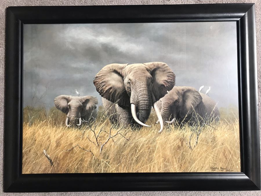Framed Hand Signed Charles Frace Limited Edition Print 'Power of the Serengeti' Elephants Outstanding Lighting 29.5 X 20.5 [Photo 2]
