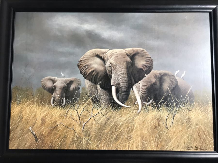 Framed Hand Signed Charles Frace Limited Edition Print 'Power of the Serengeti' Elephants Outstanding Lighting 29.5 X 20.5