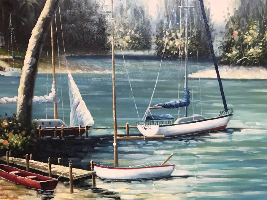 Large Original Painting East Coast Nautical Sailboats Palm Trees Wooden Bamboo Motif Frame 48 X 36 Canvas [Photo 5]