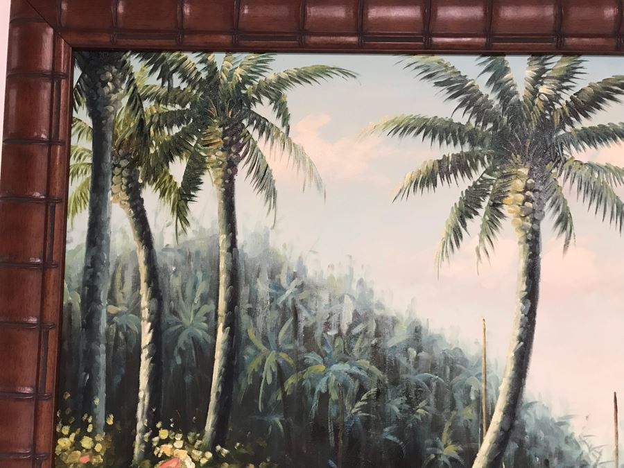 Large Original Painting East Coast Nautical Sailboats Palm Trees Wooden Bamboo Motif Frame 48 X 36 Canvas [Photo 7]