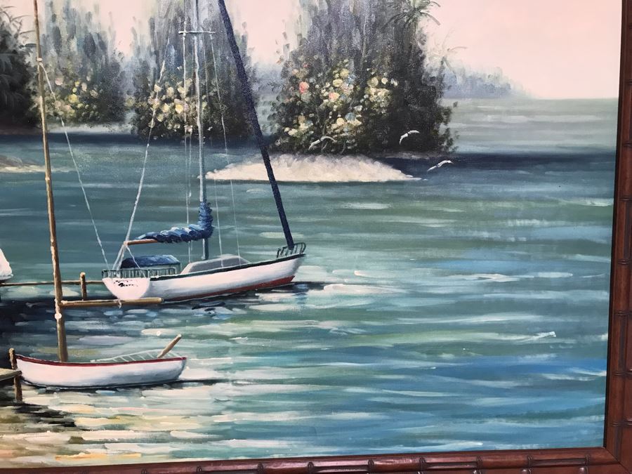 Large Original Painting East Coast Nautical Sailboats Palm Trees Wooden Bamboo Motif Frame 48 X 36 Canvas [Photo 6]
