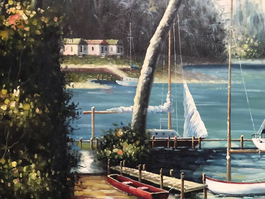Large Original Painting East Coast Nautical Sailboats Palm Trees Wooden Bamboo Motif Frame 48 X 36 Canvas [Photo 4]