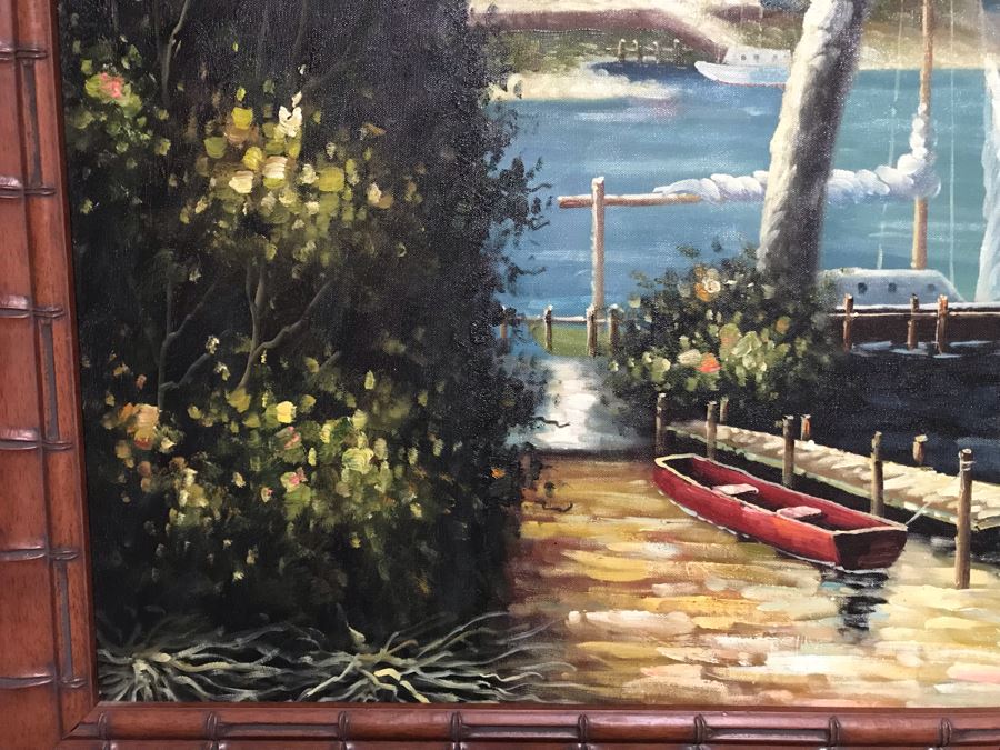 Large Original Painting East Coast Nautical Sailboats Palm Trees Wooden Bamboo Motif Frame 48 X 36 Canvas [Photo 3]