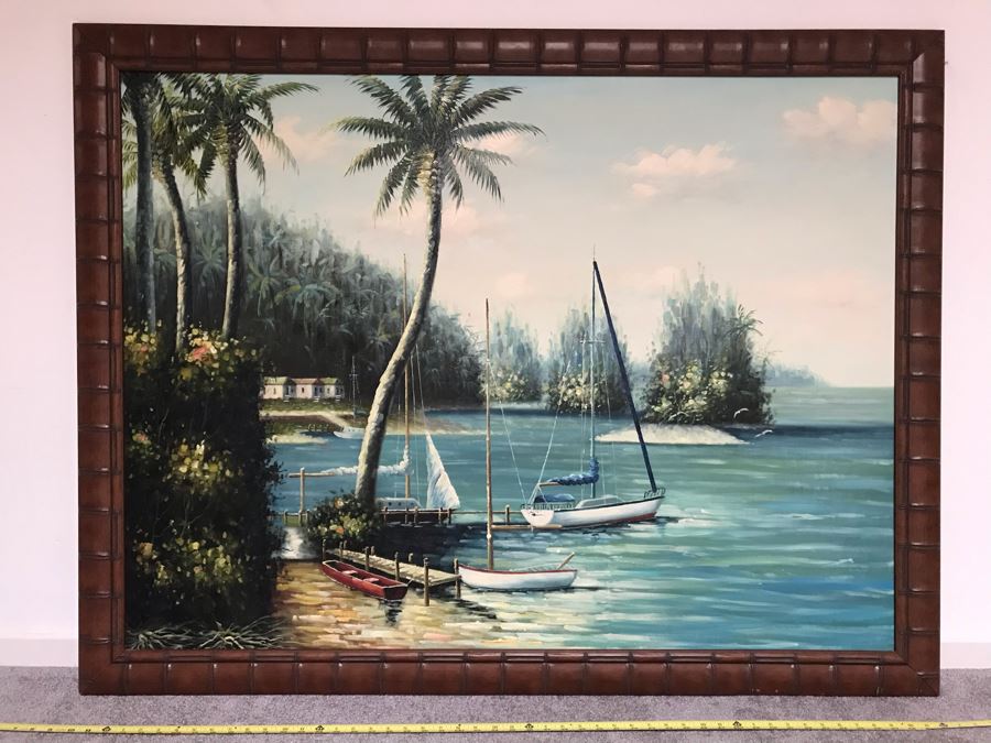 Large Original Painting East Coast Nautical Sailboats Palm Trees Wooden Bamboo Motif Frame 48 X 36 Canvas