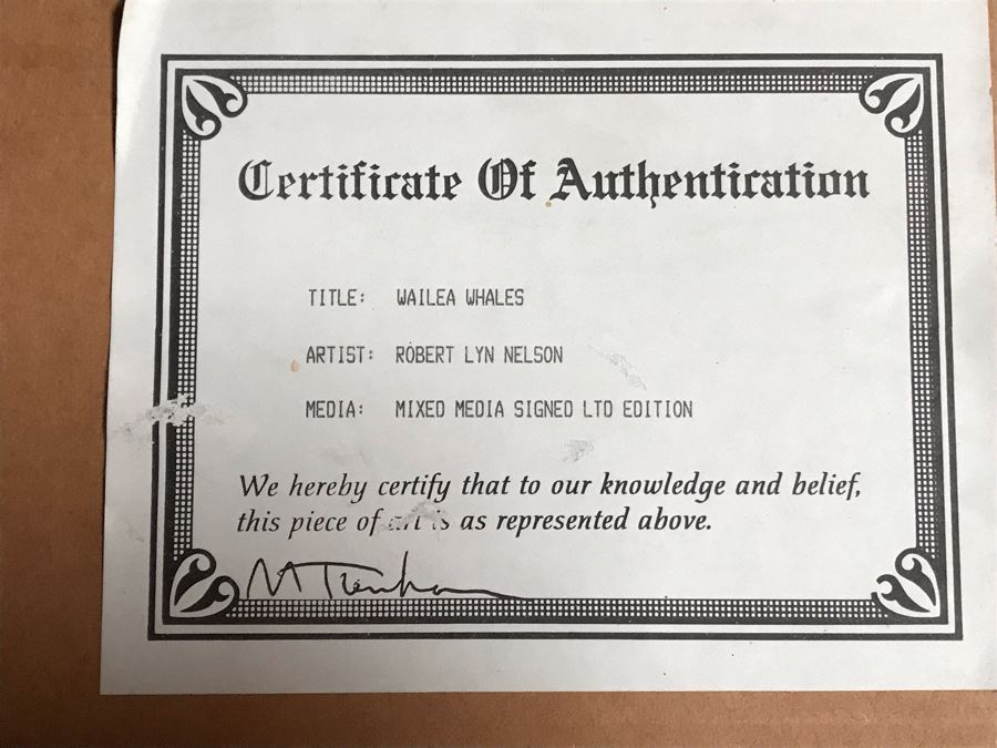 Framed Mixed Media Signed Limited Edition Print By Robert Lyn Nelson Titled 'Wailea Whales' 'Two Worlds' Style Land And Sea Maui Artist With Certificate Of Authenticity 26 X 20 [Photo 10]