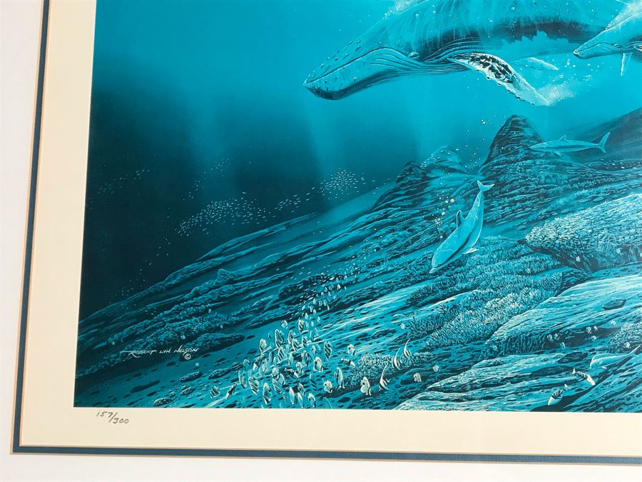 Framed Mixed Media Signed Limited Edition Print By Robert Lyn Nelson Titled 'Wailea Whales' 'Two Worlds' Style Land And Sea Maui Artist With Certificate Of Authenticity 26 X 20 [Photo 6]