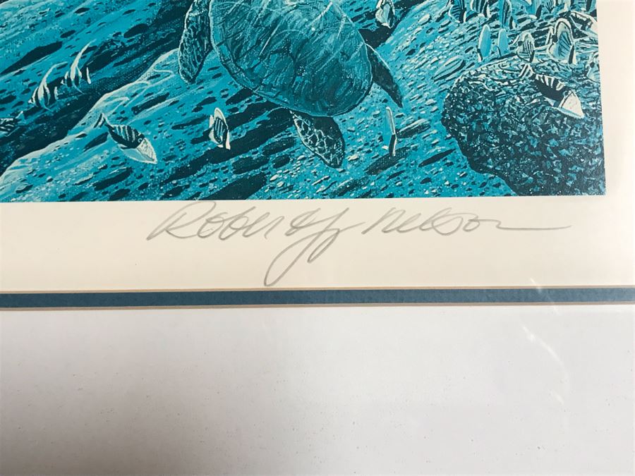 Framed Mixed Media Signed Limited Edition Print By Robert Lyn Nelson Titled 'Wailea Whales' 'Two Worlds' Style Land And Sea Maui Artist With Certificate Of Authenticity 26 X 20 [Photo 8]