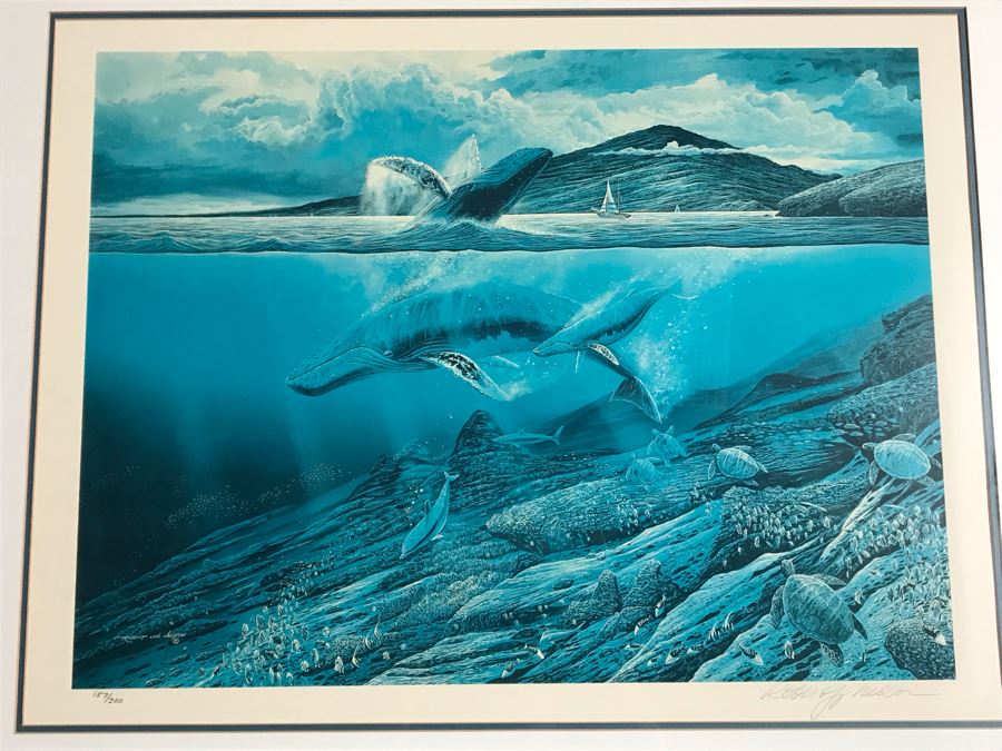 Framed Mixed Media Signed Limited Edition Print By Robert Lyn Nelson Titled 'Wailea Whales' 'Two Worlds' Style Land And Sea Maui Artist With Certificate Of Authenticity 26 X 20 [Photo 3]