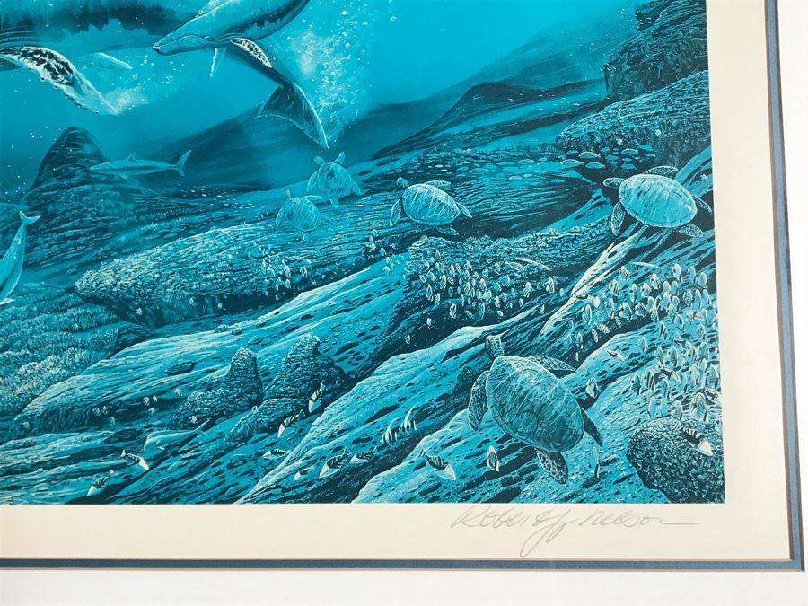 Framed Mixed Media Signed Limited Edition Print By Robert Lyn Nelson Titled 'Wailea Whales' 'Two Worlds' Style Land And Sea Maui Artist With Certificate Of Authenticity 26 X 20 [Photo 5]
