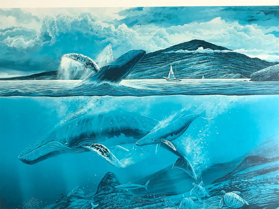 Framed Mixed Media Signed Limited Edition Print By Robert Lyn Nelson Titled 'Wailea Whales' 'Two Worlds' Style Land And Sea Maui Artist With Certificate Of Authenticity 26 X 20 [Photo 4]