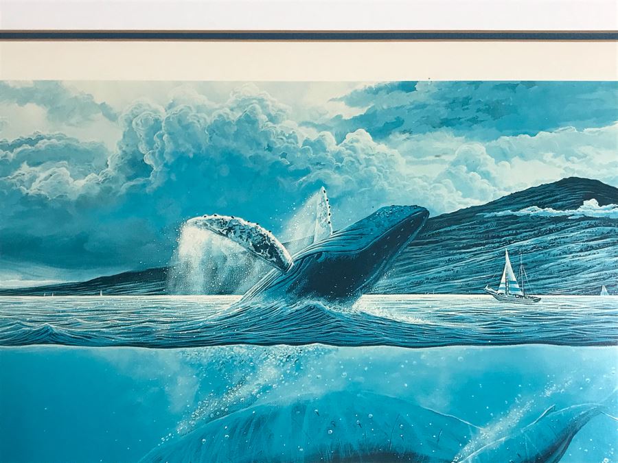 Framed Mixed Media Signed Limited Edition Print By Robert Lyn Nelson Titled 'Wailea Whales' 'Two Worlds' Style Land And Sea Maui Artist With Certificate Of Authenticity 26 X 20 [Photo 7]