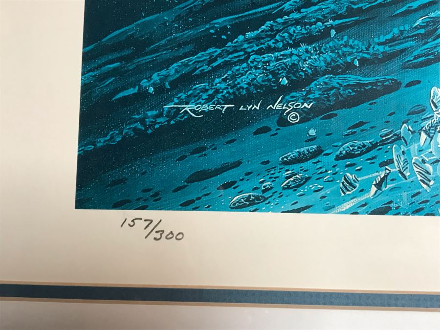 Framed Mixed Media Signed Limited Edition Print By Robert Lyn Nelson Titled 'Wailea Whales' 'Two Worlds' Style Land And Sea Maui Artist With Certificate Of Authenticity 26 X 20 [Photo 9]