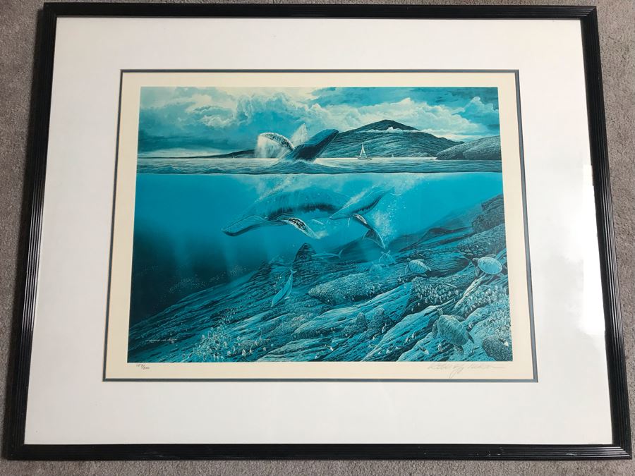 Framed Mixed Media Signed Limited Edition Print By Robert Lyn Nelson Titled 'Wailea Whales' 'Two Worlds' Style Land And Sea Maui Artist With Certificate Of Authenticity 26 X 20