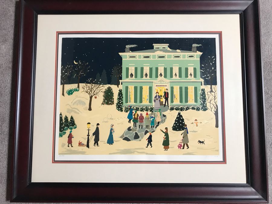 Framed Limited Edition Serigraph Hand Signed By Jane C. Clark Folk Art Style Titled 'Christmas Eve' 26 X 20