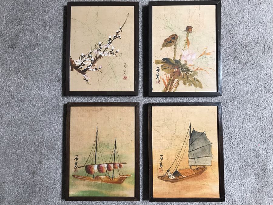 Set Of Four Signed Original Chinese Batik Paintings Each 9 X 12